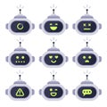 Chatbot avatar. Computer chat bots, android robot facial expressions and robotic cyborg head. Robots logo or bot vector
