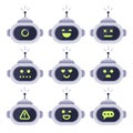 Chatbot avatar. Computer chat bots, android robot facial expressions and robotic cyborg head. Robots logo or bot vector