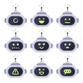 Chatbot avatar. Computer chat bots, android robot facial expressions and robotic cyborg head. Robots logo or bot vector icon set