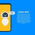 Chatbot banner concept. Horizontal business banner template with illustration of man chatting with chat bot in smartphone.