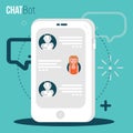 Chatbot business concept. User Girl chatting with robot mobile application. Bot concept in flat modern style. Vector Royalty Free Stock Photo