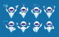 Chatbot character. Cute robot online chat robot in different poses. Chatterbot vector isolated set