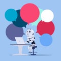 Chatbot Or Chatter App Cute Robot Use Laptop Computer Template Banner With Colorful Chat Bubbles Chatterbot Technology
