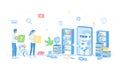 Chatbot, Chatting, Customer support, Help services, AI assistant. Woman and man ask questions, talking with chatbot robot in smart