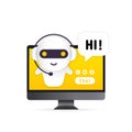 Chatbot in computer illustration. Online assistant bot landing page template. Dialog, message. Technical support. For web page. Royalty Free Stock Photo