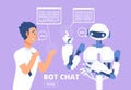 Chatbot concept. Man chatting with chat bot. Customer support service vector illustration