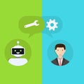 Chatbot concept. Man chatting with chat bot. Interaction with robot. Change settings with a bot. Communication with chat