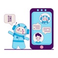 Chatbot concept. People chatting with chat bot on smartphone. Flat line design style modern vector minimalistic. Royalty Free Stock Photo