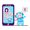 Chatbot concept. People chatting with chat bot on smartphone. Flat line design style modern vector minimalistic. Royalty Free Stock Photo
