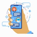 Chatbot concept. User chatting with robot chat bot mobile application on smartphone. Hand holds a smartphone. Vector Royalty Free Stock Photo