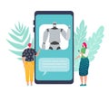 Chatbot concept vector illustration. People chatting with chat bot on smartphone. Robot service concept for digital Royalty Free Stock Photo