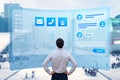 Chatbot conversation. Person using online customer service with chat bot to get support. Artificial intelligence and CRM software