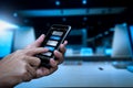 Chatbot conversation with smartphone screen app interface and artificial intelligence technology processing