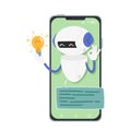 Chatbot with Glowing Light Bulb on Smartphone screen. Ai-based Software That Interacts With Users Via Messaging Apps