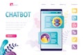 Chatbot, landing page template. Dialogue between client and robot on smartphone screen. Bot answers questions. Support service,