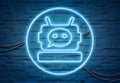 Chatbot neon icon illuminating a brick wall with blue and pink glowing light 3D rendering