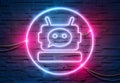 Chatbot neon icon illuminating a brick wall with blue and pink glowing light 3D rendering