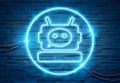 Chatbot neon icon illuminating a brick wall with blue and pink glowing light 3D rendering