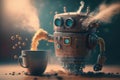 chatbot robot drinking coffee, with steam rising from the cup