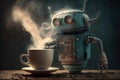 chatbot robot drinking coffee, with steam rising from the cup