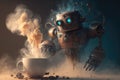 chatbot robot drinking coffee, with steam rising from the cup