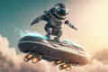 chatbot robot on a futuristic hoverboard, flying in the air Royalty Free Stock Photo