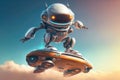 chatbot robot on a futuristic hoverboard, flying in the air Royalty Free Stock Photo