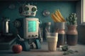 chatbot robot making smoothie in the kitchen, with ingredients and tools on the counter