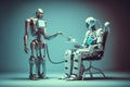 chatbot robot performing medical procedure, with human overseer