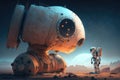 chatbot robot repairing damaged spaceship, with view of distant star system in the background