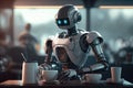 chatbot robot serving coffee in futuristic, high-tech cafe