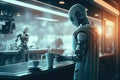 chatbot robot serving coffee in futuristic, high-tech cafe