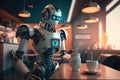 chatbot robot serving coffee in futuristic, high-tech cafe