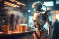 chatbot robot serving coffee in futuristic, high-tech cafe