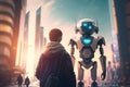 chatbot robot taking person on tour of futuristic city, showing off its technological advancements