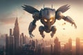 chatbot robot transforming into flying mode, to fly over city and save the day