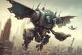 chatbot robot transforming into flying mode, to fly over city and save the day