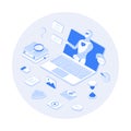 Chatbot robot virtual communicate via laptop. ?hat bot application gives answers to questions. Dialog helping service.
