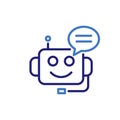 chatbot smiley robot face icon with microphone and speech bubble, vector thin line illustration for ai customer service and
