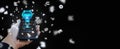 Chatbot speaks human language concept. A man\'s hand holds a smartphone with a Generative AI voice assistant