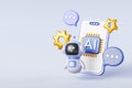 Chatbot technology 3d banner. Mobile phone with ai chip icon on screen, robot, speech bubble, gears render. Online chat