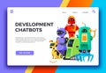 Chatbots development. Digital chatbot assistant, friendly robots and assistance robot landing page cartoon vector