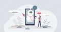 Chatbots in healthcare with health support and assistance tiny person concept