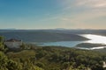 Chateau in Aiguines and St Croix Lake at background, Provence, France Royalty Free Stock Photo