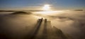 Chateau Beynac in fog in the early morning Perigord Noir Dordogne France