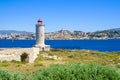 Chateau d`If, Lighthouse on coast of the island and a beautiful panoramic view of Marseille.. Castle If.