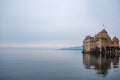 Chateau de Chillon Castle, The beautiful medieval fortress on Lake Geneva, with cloudy sky background