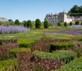 Chateau de Villandry in the Loire Valley. Photo taken from the ornamental garden with Russian Sage Perovskia flowers in foreground