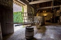 Chateau du Clos de Vougeot. Old casks of a winery and cart. Cote de Nuits, Burgundy, France.