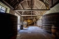 Chateau du Clos de Vougeot. Old casks of a winery. Cote de Nuits, Burgundy, France. Royalty Free Stock Photo